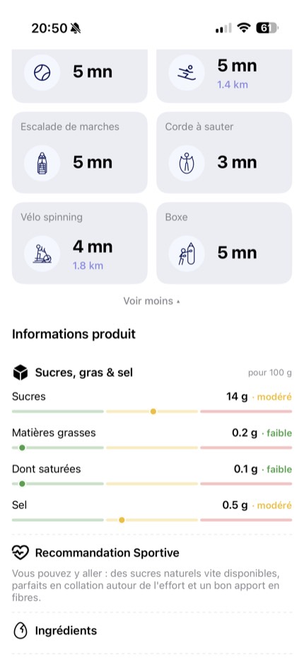 Jauges sucres, matières grasses et sel, et recommandation sportive