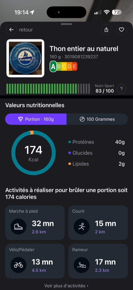 Fiche produit BurnEat : thon au naturel, score NutriSport 83 sur 100, protéines 25 g