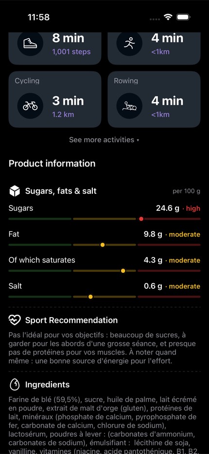 Grille d'activités BurnEat : 8 min de marche, 1 001 pas, 4 min de course